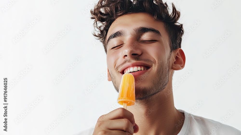 Happy young male with eyes closed eating sweet orange ice lolly enjoying taste on white background Happy young male with eyes closed eating sweet orange ice lolly enjoying taste on white background