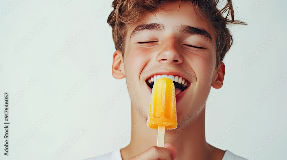 Happy young male with eyes closed eating sweet orange ice lolly enjoying taste on white background Happy young male with eyes closed eating sweet orange ice lolly enjoying taste on white background