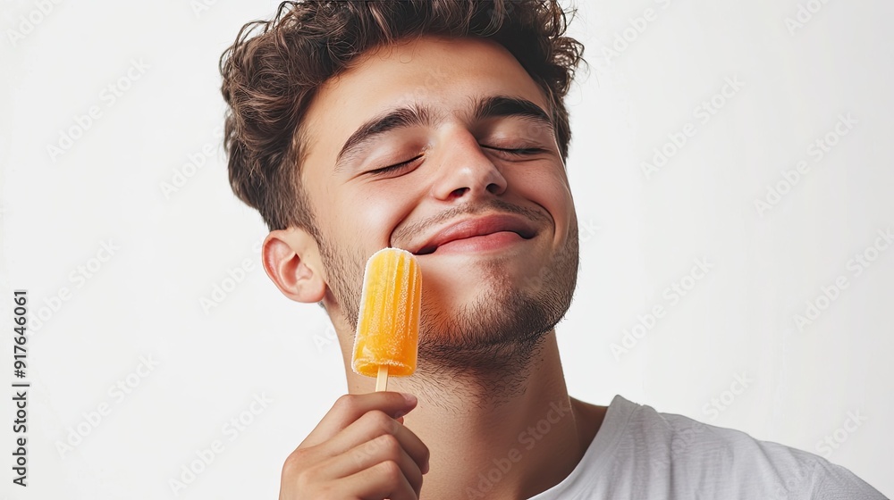 Happy young male with eyes closed eating sweet orange ice lolly enjoying taste on white background Happy young male with eyes closed eating sweet orange ice lolly enjoying taste on white background