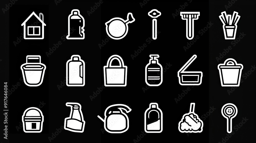 White Cleaning and House Supply Icons on Black Background White Cleaning and House Supply Icons on Black Background