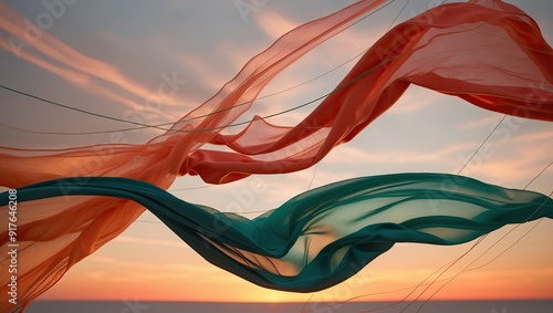 Vibrant silk fabric suspended in mid-air, captured on a cinematic digital canvas