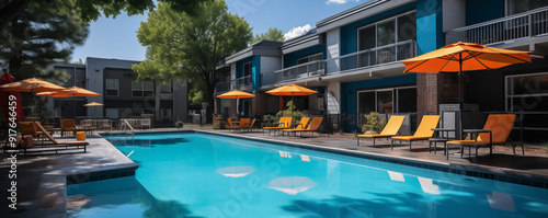 a stylish apartment complex featuring modern architecture and communal amenities like a pool and gym