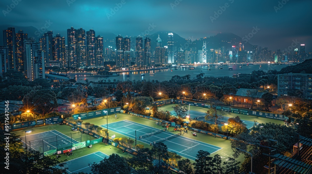 Night Tennis Court with City Skyline Night Tennis Court with City Skyline
