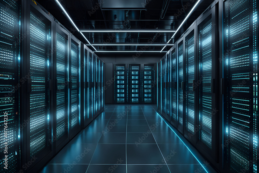Naklejka premium Modern Tech Center With Server Racks and Complex Equipment and IoT Visualization