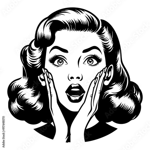 Black and white pop art illustration of a retro woman with a shocked expression, hands on her cheeks, representing classic 1950s style.