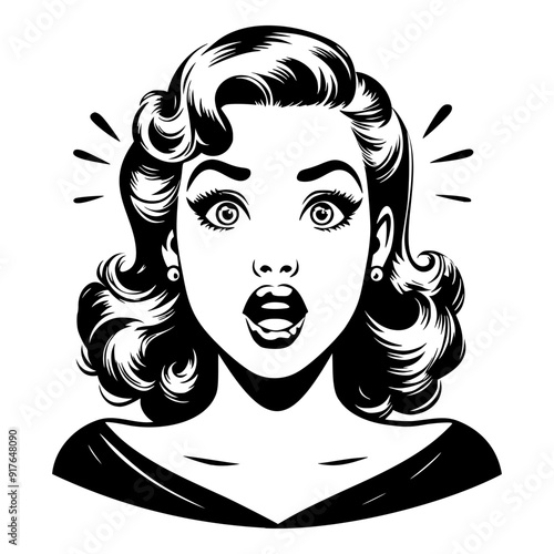 Black and white pop art illustration of a retro woman with a surprised expression, wide eyes, and open mouth, showcasing classic 1950s style.