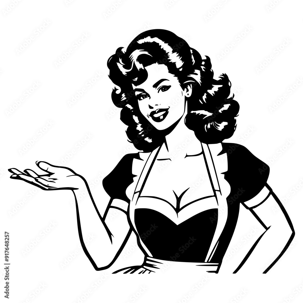 Black and white pop art illustration of a smiling retro woman wearing an apron with an open hand gesture, showcasing classic 1950s style and vintage domestic charm.