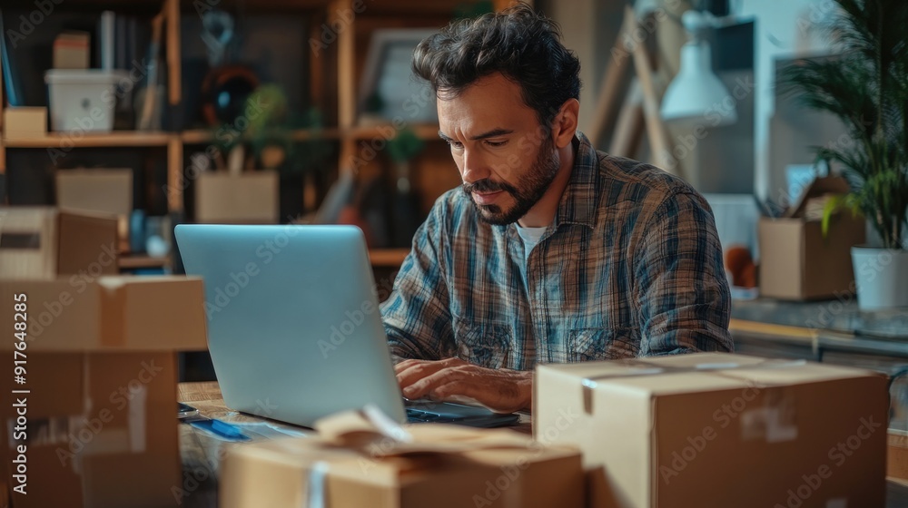 SME businessman using laptop computer checking customer orders online SME businessman using laptop computer checking customer orders online