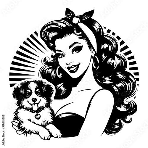 Black and white pop art illustration of a glamorous retro woman smiling while holding a puppy, featuring a radiant background and classic 1950s style, showcasing vintage charm and elegance.