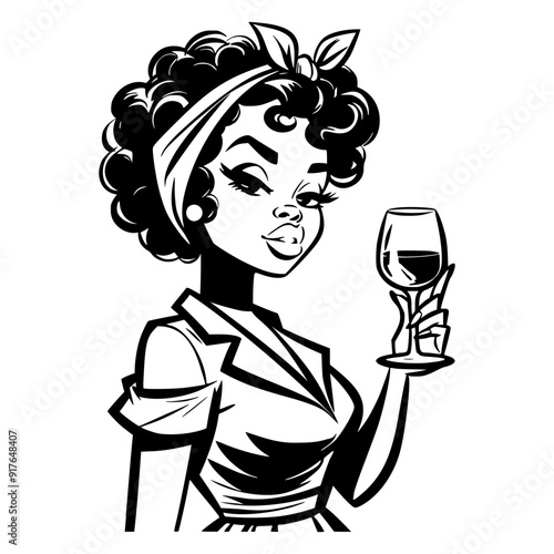 Black and white pop art illustration of an elegant retro woman holding a wine glass with a confident expression, featuring a classic 1950s style with a headband and vintage flair.