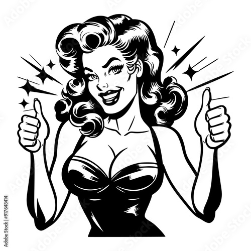 Black and white pop art illustration of a cheerful retro woman with a confident smile, giving two thumbs up, showcasing classic 1950s style and vintage positivity.