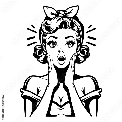 Black and white pop art illustration of a surprised retro woman with wide eyes and hands on her face, showcasing classic 1950s style and vintage charm.