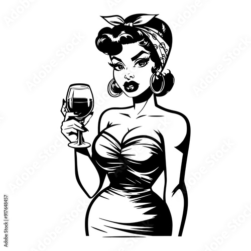 Black and white pop art illustration of a stylish retro woman holding a wine glass, wearing a headscarf and a strapless dress, showcasing classic 1950s fashion and vintage elegance.