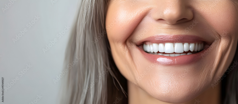 Close-Up of a Happy Middle-Aged Woman Smiling with Perfect White Teeth Close-Up of a Happy Middle-Aged Woman Smiling with Perfect White Teeth