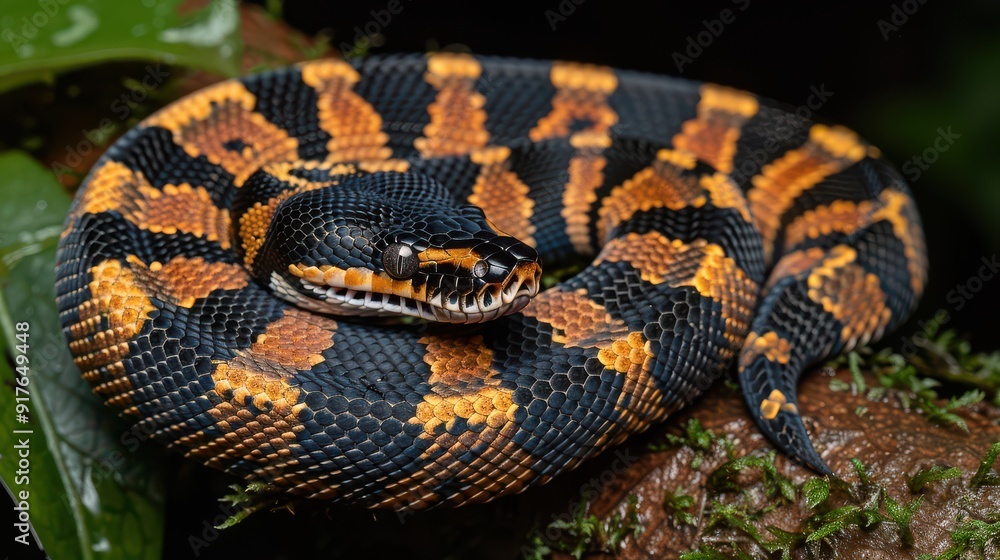Vibrant Black and Orange Banded Snake Coiled on Moss-Covered Branch in a Lush, Green Jungle Setting Under Low Light Conditions Vibrant Black and Orange Banded Snake Coiled on Moss-Covered Branch in a Lush, Green Jungle Setting Under Low Light Conditions