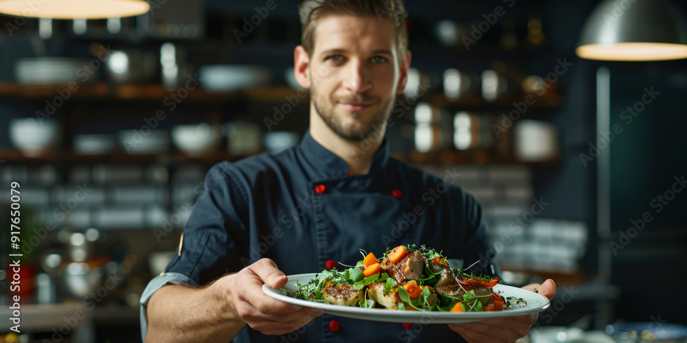 A professional chef stands proudly in a kitchen, presenting a beautifully plated gourmet dish to the camera.. caucasian man A professional chef stands proudly in a kitchen, presenting a beautifully plated gourmet dish to the camera.. caucasian man