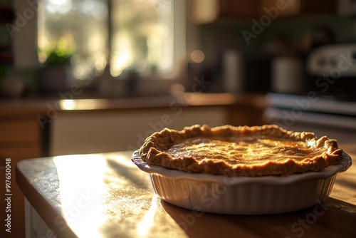 A freshly baked pie resting on a wooden table, illuminated by warm sunlight in a cozy kitchen setting.