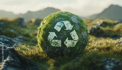 A green recycled symbol on a moss-covered globe represents environmental sustainability and nature conservation in a serene landscape.