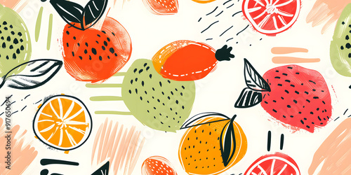 Seamless Watercolor Flat Lay Composition With Fresh Fruits With Leaves a Vibrant Pattern on a Yellow Background Print for Textile, Packaging, Banner, Decor, Wrap, Fashion, Accessories, Web, Social.