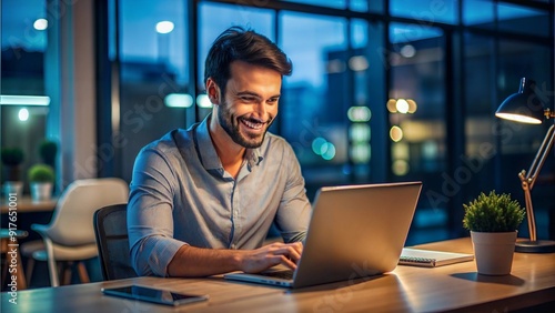 Smiling young man working office alone night shift professional work life no balance