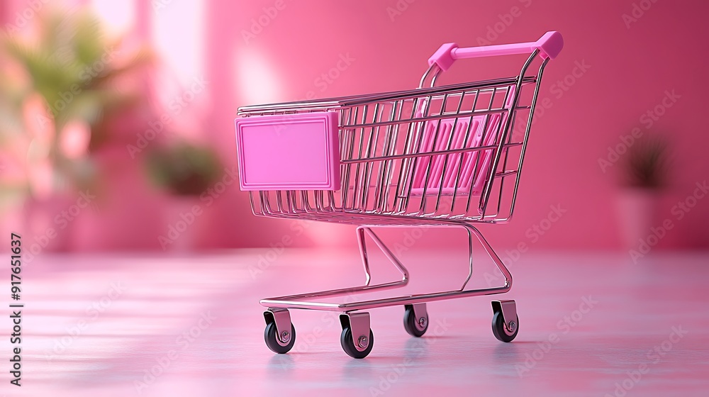  A minimalist pink shopping cart stands on a matching pink background. The cart is empty, and the monochromatic setting highlights its sleek design, creating a modern and clean visual. 