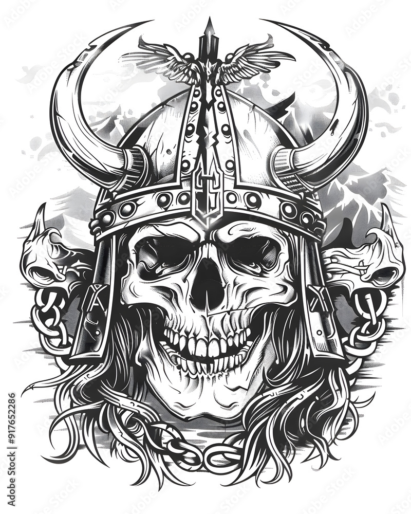 Fototapeta premium Skull and Viking Helmet frame illustration