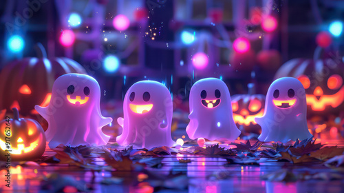 Cute cartoon ghosts having a futuristic Halloween funny party, dancing around neon light with happy smiling face expression pumpkins for Ads, social media, banner. Happy halloween holiday concept photo