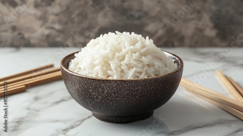 Close-up of a bowl of white rice with chopsticks