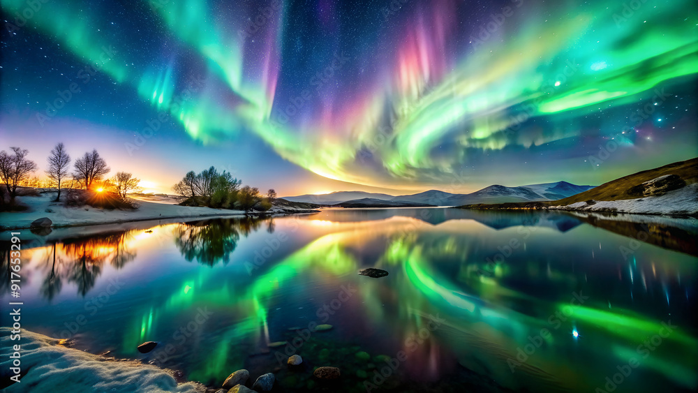 An imaginary view of a planet with a breathtaking view of the Aurora Borealis, a natural light show, set against a tranquil lake at sunset An imaginary view of a planet with a breathtaking view of the Aurora Borealis, a natural light show, set against a tranquil lake at sunset