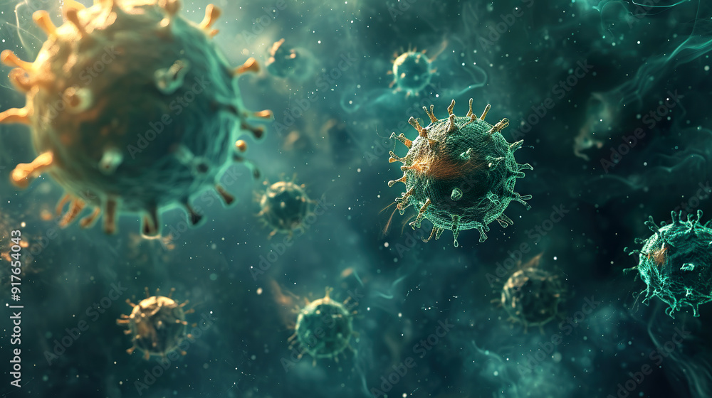 Microscopic View of Viruses in a Greenish-Blue Fluid Microscopic View of Viruses in a Greenish-Blue Fluid