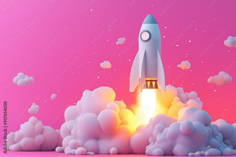 Fototapeta premium 3D Rocket Launch Illustration This image, with its bright colors and stylishly designed clouds, can be a great representation for themes like startup culture, innovation, or progress.