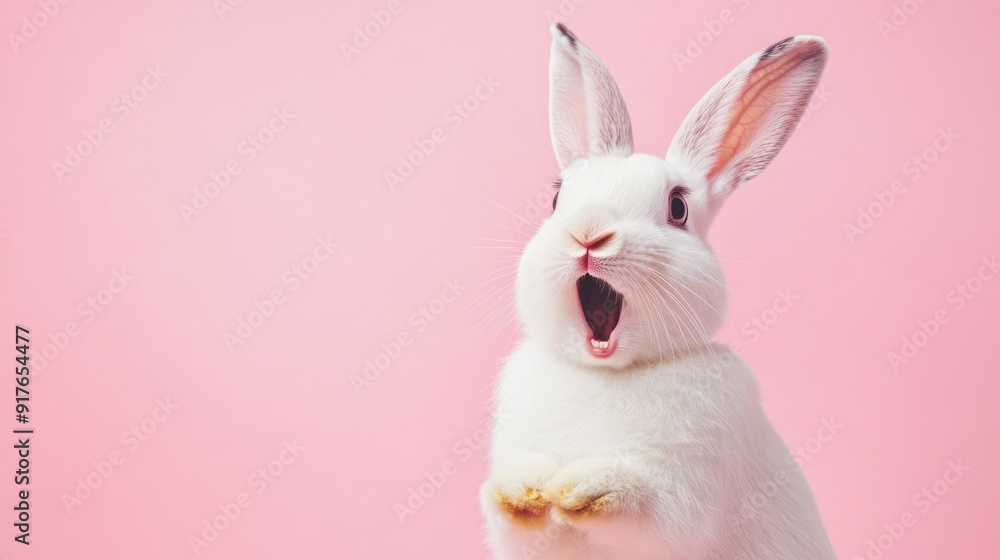 Obraz premium Surprised White Bunny on Pink Background