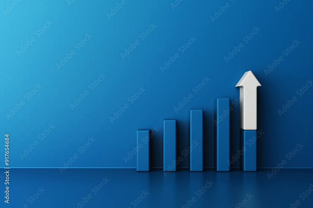 Bar graph in shades of blue rise sequentially from left to right, with the final bar featuring prominent white upward pointing arrow, conveys progress and achievement, 3d rendering