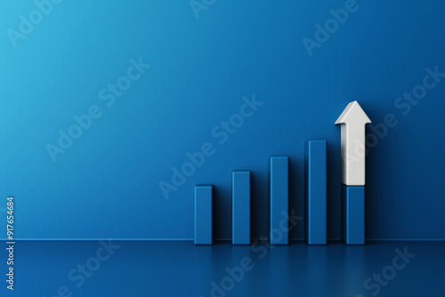 Obraz na płótnie Bar graph in shades of blue rise sequentially from left to right, with the final bar featuring prominent white upward pointing arrow, conveys progress and achievement, 3d rendering w salonie