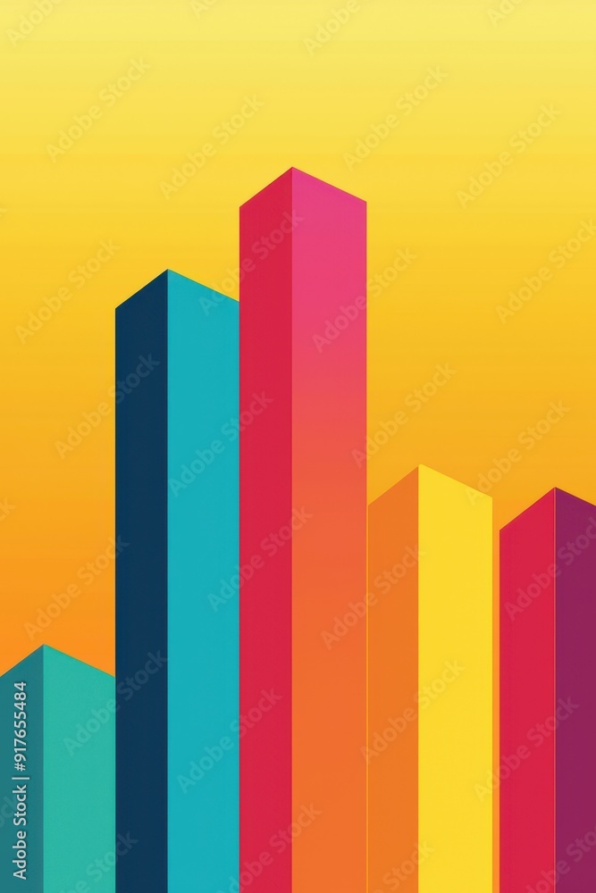 Colorful abstract bars representing growth and success against a vibrant yellow background, perfect for business visuals. Colorful abstract bars representing growth and success against a vibrant yellow background, perfect for business visuals.