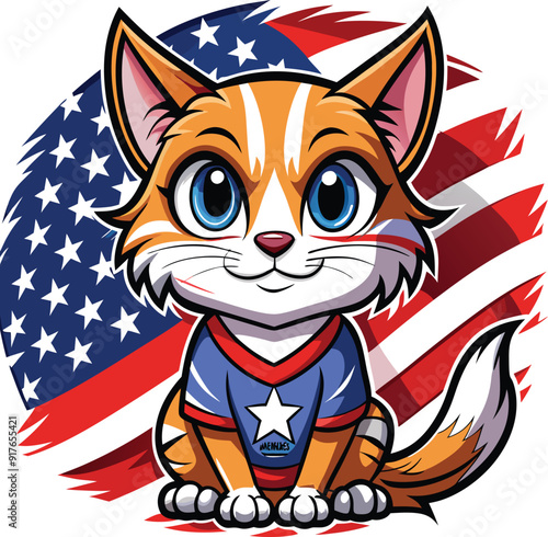 cat with a bow. Cute cat with use flag, Stars and Stripes. Print ready design