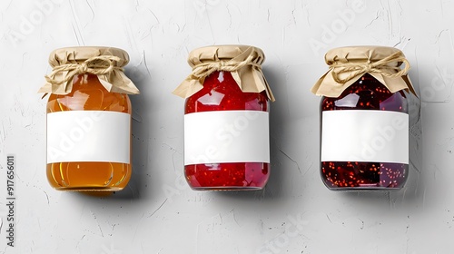 Three Jars of Homemade Jam on a White Textured Background