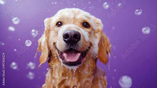 Dog grooming bath Golden Retriever in Bath Covered with Soap Bubbles on Purple Background