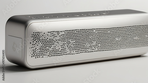 High-Resolution Mock-Up of a Sleek Bluetooth Speaker with a Minimalist Design and Metallic Finish on a Plain White Background, Featuring Ample Copy Space for Custom Branding