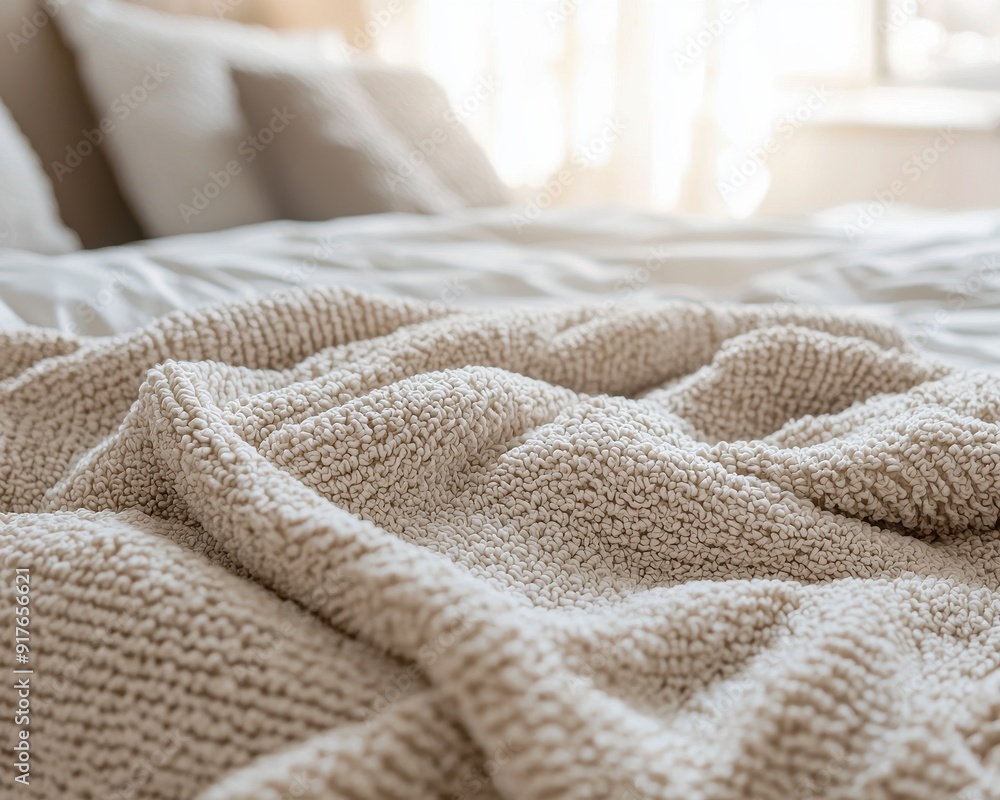 Soft woven blanket draped on a cozy bed, inviting warmth and comfort in a serene, sunlit bedroom setting. Soft woven blanket draped on a cozy bed, inviting warmth and comfort in a serene, sunlit bedroom setting.