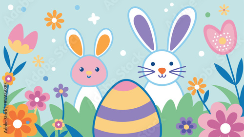 cute rabbit and rabbit with easter eggs vector illustration design