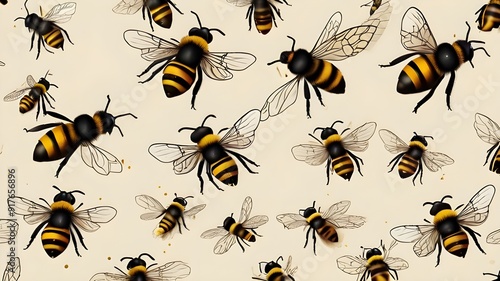 Set of bees, bees and bees flying isolated on light background.