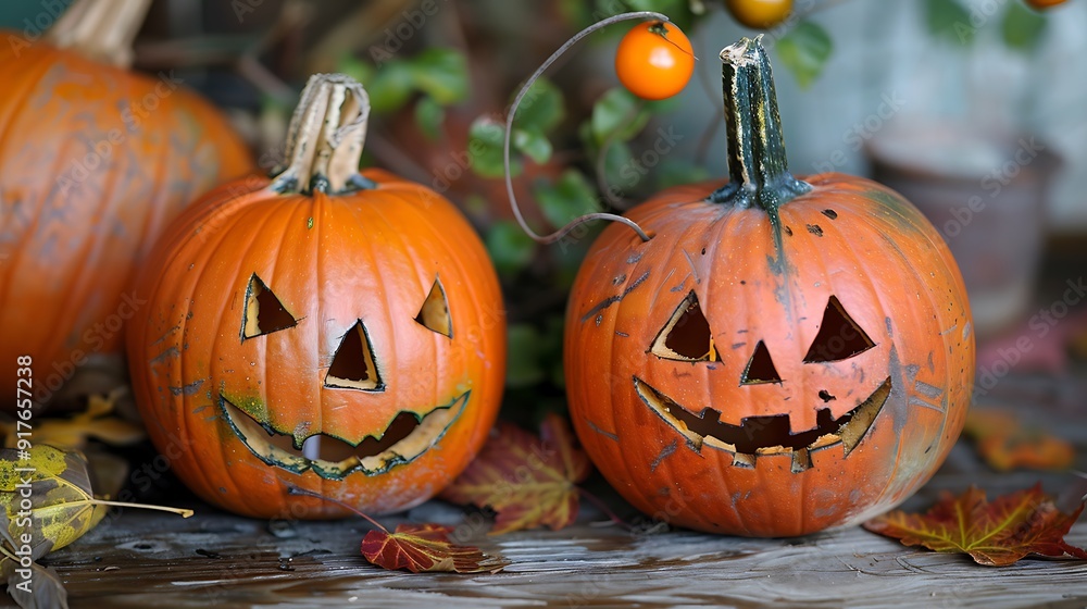 Pumpkins for halloween on a wooden table Pumpkins for halloween on a wooden table