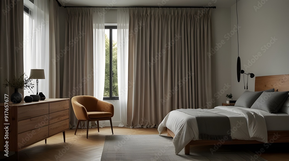 Heavy fabric curtains in modern bedroom white walls.generative.ai