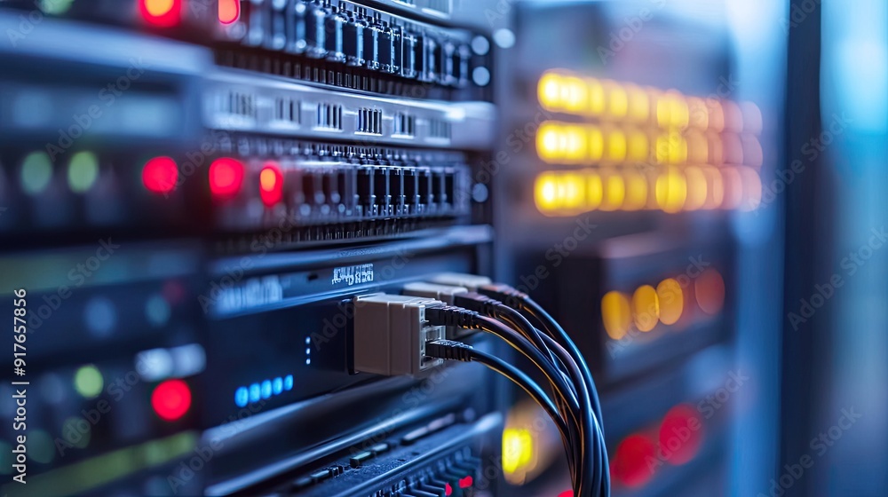 Network hardware. Telecommunication technologies. Server room. Modem with fiber optic cables. Router in server room. Hosting equipment. Internet