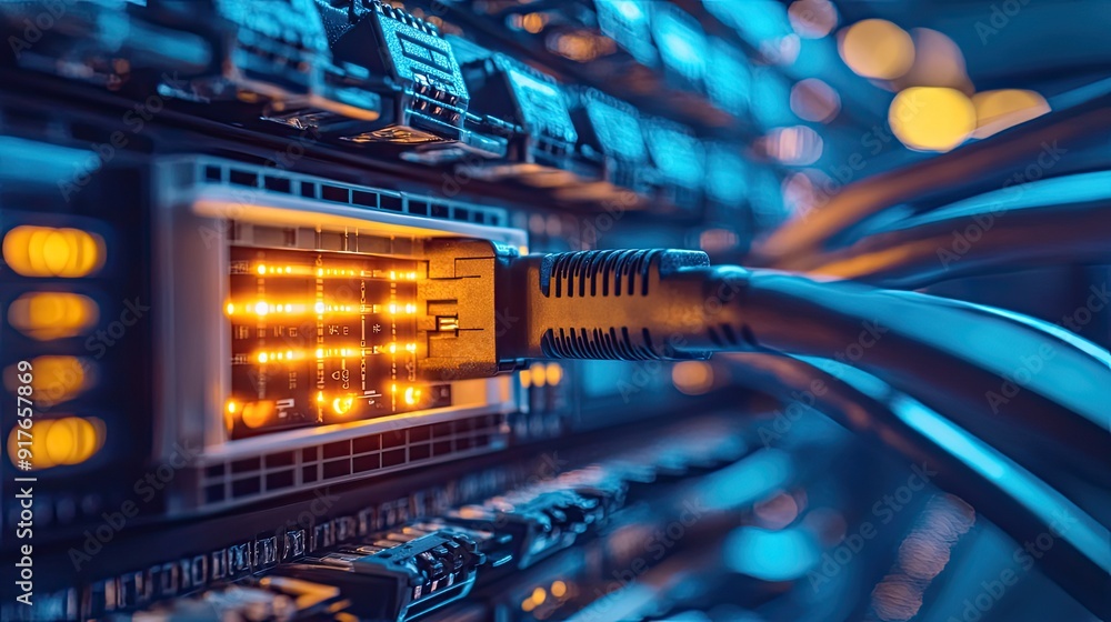 Network hardware. Telecommunication technologies. Server room. Modem with fiber optic cables. Router in server room. Hosting equipment. Internet Network hardware. Telecommunication technologies. Server room. Modem with fiber optic cables. Router in server room. Hosting equipment. Internet