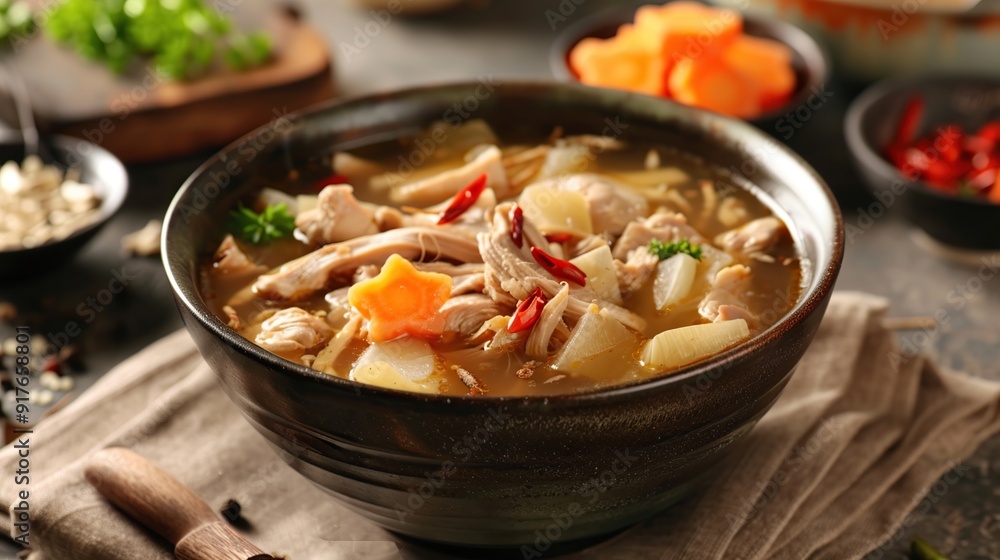 Ginseng chicken soup, Koreans traditional food . Generative Ai Ginseng chicken soup, Koreans traditional food . Generative Ai