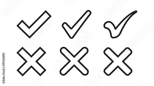 Three vector Check mark and cross symbols