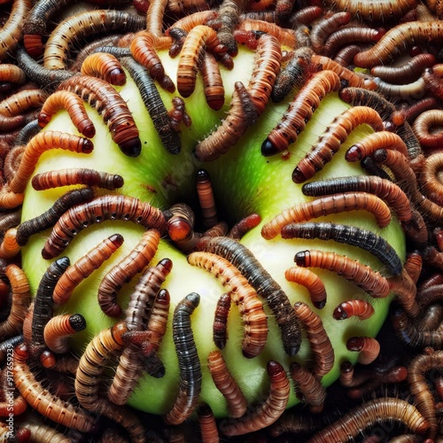 a group of fruit worms are swarming around ripe fruit
