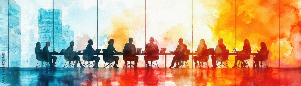 Silhouetted figures in a conference room illustrate collaboration and decision-making amidst vibrant color backgrounds. Silhouetted figures in a conference room illustrate collaboration and decision-making amidst vibrant color backgrounds.